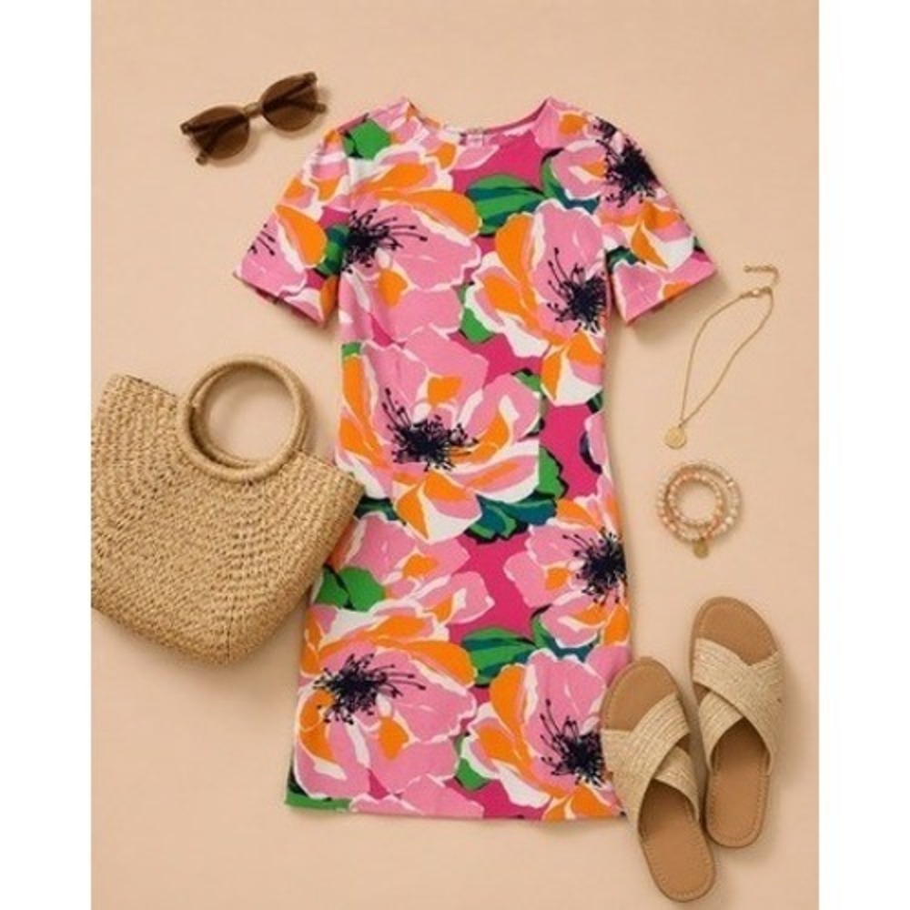 Trina Turk Pink Floral, Short Sleeve, Stretch Sheath Dress Size XS